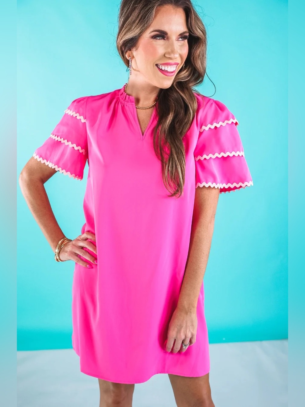 JESS LEA Womens Kersten Ric Rac Shift Dress L Hot Pink Preppy Southern Resort